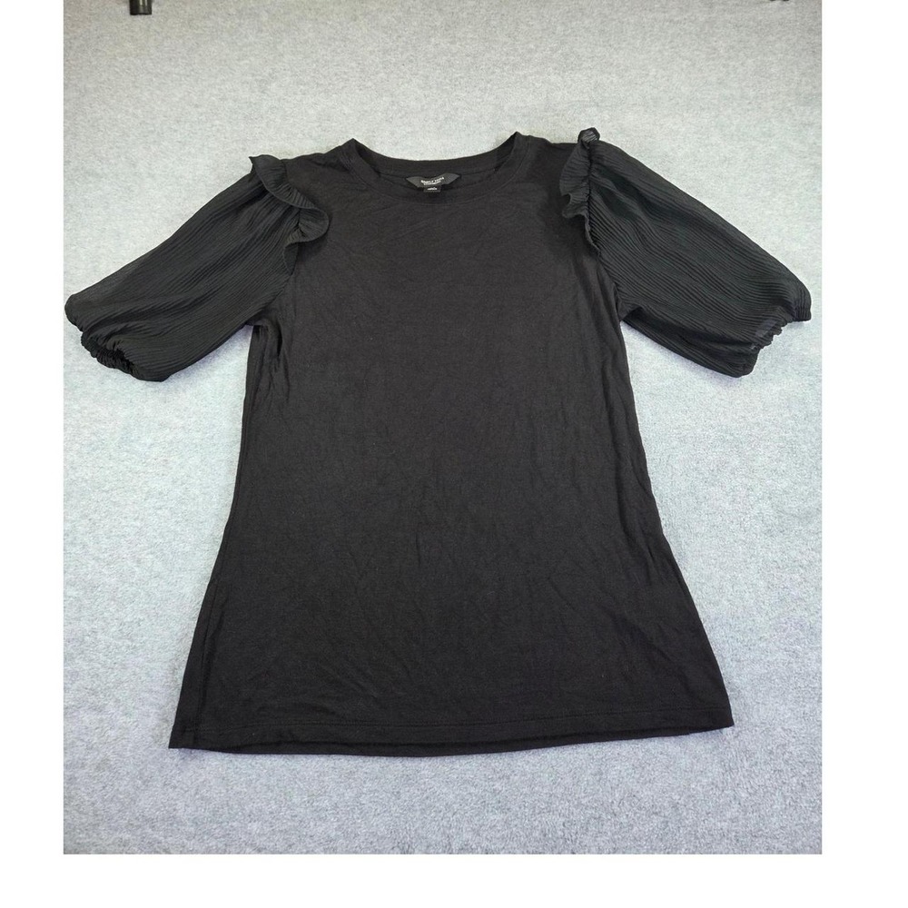 Simply Vera Wang Black Top Blouse XS Pleated Sheer Puff Sleeve Ruffle Crew